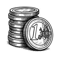 Stack of Euro Coins with One Euro Coin in the Front Line Art Illustration