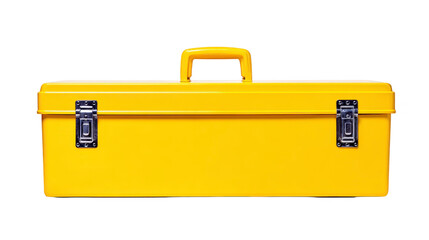 Bright yellow metal toolbox with sturdy handle and secure latches, perfect for organizing tools and accessories. Its vibrant color adds cheerful touch to any workspace