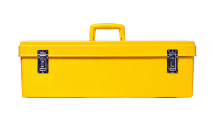 Bright yellow metal toolbox with sturdy handle and secure latches, perfect for organizing tools and accessories. Its vibrant color adds cheerful touch to any workspace