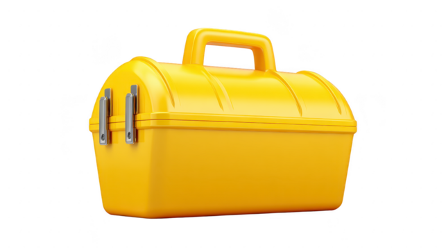 Bright yellow plastic toolbox with sturdy handle and metal latches, ideal for organizing tools. compact design is perfect for easy transport and storage