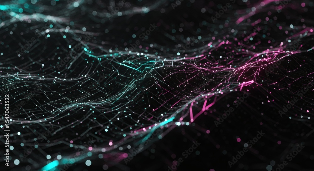 Fototapete Abstract Data Visualization Dynamic Waves of Pink and Teal Digital Particles