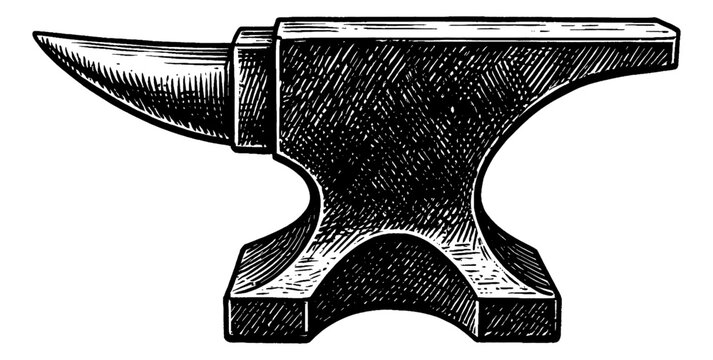 Detailed Engraved Illustration of Anvil on White Background in Black and White