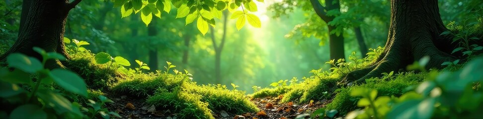 Lush green forest scene, sunlight dappling through leaves onto a mossy forest floor Tranquil nature, vibrant foliage, natural beauty, perfect for relaxation , texture, flora, growth