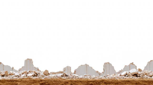 Construction site with partially demolished concrete wall and rubble on ground, set against clear sky. scene conveys sense of transformation and progress