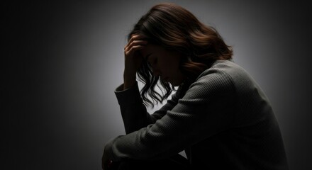Confronting Inner Turmoil A Woman's Struggle with Emotional Pain in a Dimly Lit Room Captured in a Silhouette Against a Dark Background