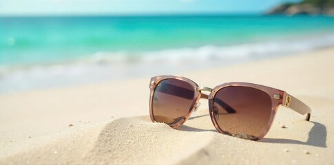 Relaxing beach scene with stylish sunglasses resting on soft sand, sea view, summer vacation vibes , accessories, getaway