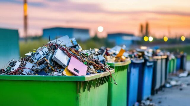 Electronic waste scrap and wire pile in green dumpster with colorful recycling containers at sunset highlighting pollution and technology for urban cleanup efforts and environmental awareness