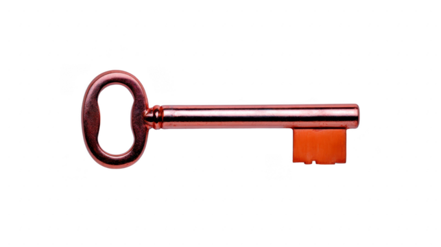 Vintage red key with round handle and rectangular bit, isolated on transparency background, evokes sense of mystery and nostalgia