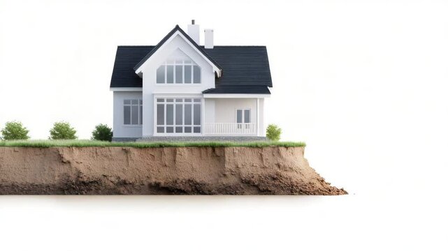 Modern house with black roof and large windows floating soil section with grass and bush, exterior building featuring white walls, bright architectural design, peaceful suburban home with porch