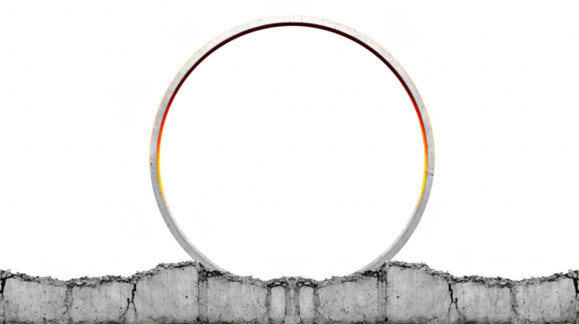 Large circular metal ring stands upright cracked concrete surface, creating striking contrast between smooth metallic texture and rough, broken ground. scene evokes sense of mystery and intrigue