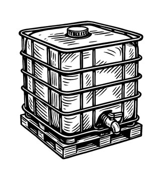 Illustration of Intermediate Bulk Container with Pallet and Tap in Black and White
