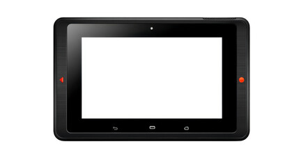 Black tablet with blank white screen, featuring sleek design and minimalistic buttons, is displayed. device is suitable for various digital tasks, offering modern and versatile user experience