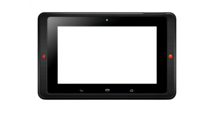 Black tablet with blank white screen, featuring sleek design and minimalistic buttons, is displayed. device is suitable for various digital tasks, offering modern and versatile user experience