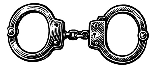 Handcuffs in detailed black and white engraving art drawing, vintage style criminal justice concept