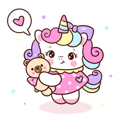 cute unicorn vector hug teddy bear. sweet dream cartoon. kawaii animal whimsical character. Perfect for kid nursery and card.