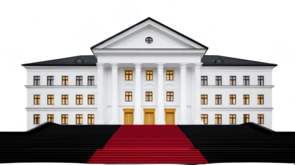 Grand white building with classical architecture features tall columns and triangular pediment. structure has multiple windows and prominent red carpeted staircase leading to entrance