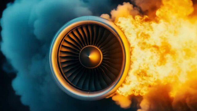 Jet engine turbine blades spinning with fire and smoke, showcasing powerful combustion, intense heat, dynamic energy, and advanced aviation propulsion technology in action scene
