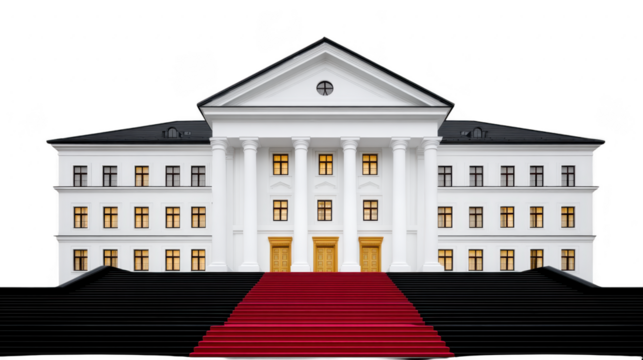 Grand white building with classical architecture features tall columns and triangular pediment. structure has multiple windows and prominent red carpeted staircase leading to entrance