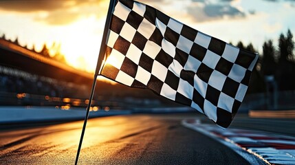 Checkered Flag: Racing Finish Line: Capturing the spirit of competition, this image shows a checkered flag waving triumphantly over a race track at sunset.