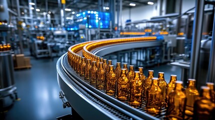 Bottling Process: A high-angle shot captures the precision of an automated bottling plant, showcasing the assembly line, the rhythmic movement of bottles.