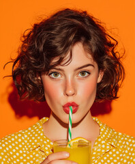 young woman with curly hair enjoys refreshing drink against vibrant orange background, exuding playful and cheerful vibe