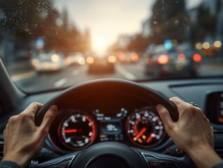 Driving hands gripping steering wheel, focused on road ahead during sunset. scene captures essence of urban driving with blurred traffic lights and vehicles