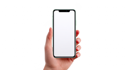 Hand holding modern smartphone with blank screen, isolated on transparency background. image focuses on device, showcasing its sleek design and large display, perfect for technology related themes