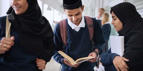 Muslim students in school uniforms, reading and discussing. Diverse group, focused on learning....