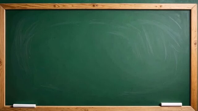 Blank green chalkboard with wooden frame and two sticks of white chalk, clean surface ready for drawing or writing, education and teaching tool