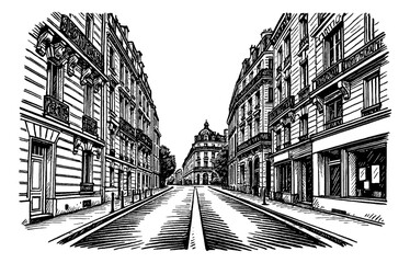 Obraz premium Detailed Black and White Engraving of a European City Street with Classic Buildings