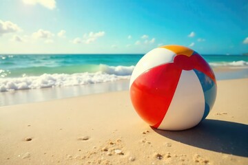 Obraz premium A vibrant, beach ball bounces playfully on a sun-drenched, sandy shore during a bright summer day, embodying carefree fun and summer vibes , vibrant color, warm, leisure