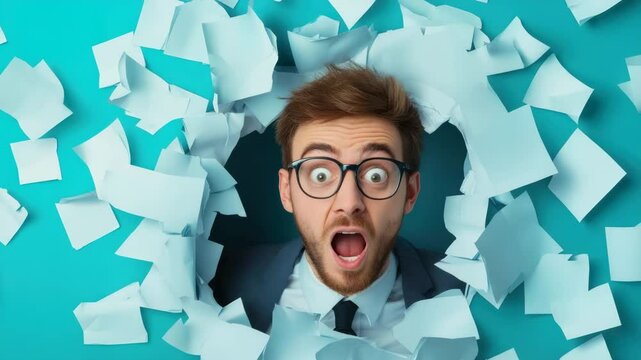 Shocked man with glasses breaking paper wall surrounded by flying sheets showing surprised expression and amazement, young man in suit and tie with open mouth, emotional business suit background