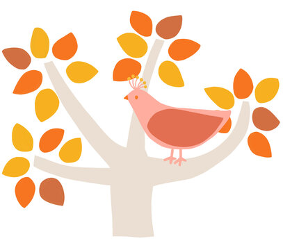 pixta紅葉した木とピンク鳥