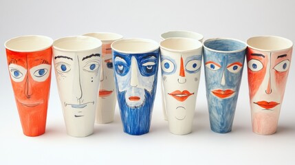 Unique Hand-Drawn Facial Designs on Ceramic Cups and Vases