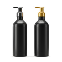 Two black cosmetic bottles with silver and gold pump tops isolated on a white background displaying stylish and elegant product packaging