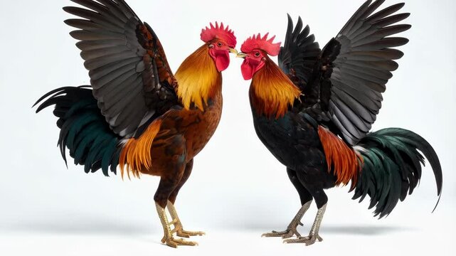 Two roosters facing each other with wings spread displaying their colorful feathers on a white background