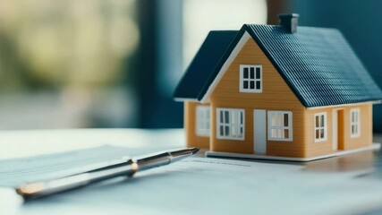 Miniature house model with pen on document symbolizing real estate mortgage home loan finance planning contract investment ownership legal paperwork purchase sale residential property transaction - Powered by Adobe
