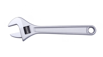 Silver adjustable wrench with shiny metallic finish, featuring movable jaw for gripping various sizes of nuts and bolts, isolated on transparency background