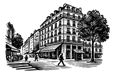Black and white sketch of building with tree and people walking on crosswalk