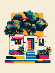 Vibrant City Home – Flat Tropical House Illustration in Neon Colors