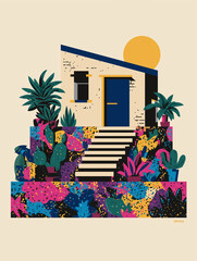Tropical Urban House – Vibrant Flat Style Architecture Art