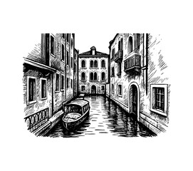 Venice canal with boat and buildings in black and white line art drawing