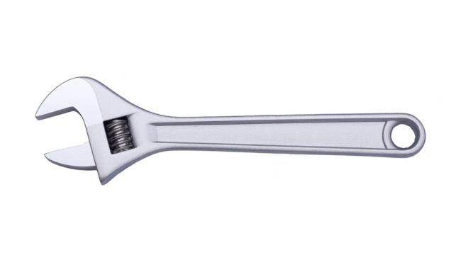 Silver adjustable wrench with shiny metallic finish, featuring movable jaw for gripping various sizes of nuts and bolts, isolated on transparency background