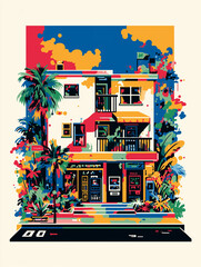 Colorful House in the City – Tropical Flat Neon Illustration
	