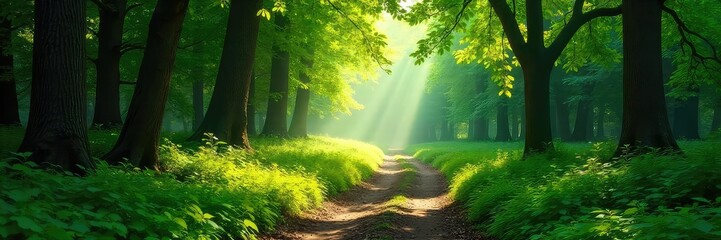 Serene path meandering through lush green forest, sunlight dappling leaves, creating magical atmosphere Tranquil nature scene perfect for relaxation and escape , vibrant, green