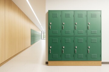 Modern school hallway interior with green lockers and wooden panel walls in a clean, minimalistic architectural design concept.