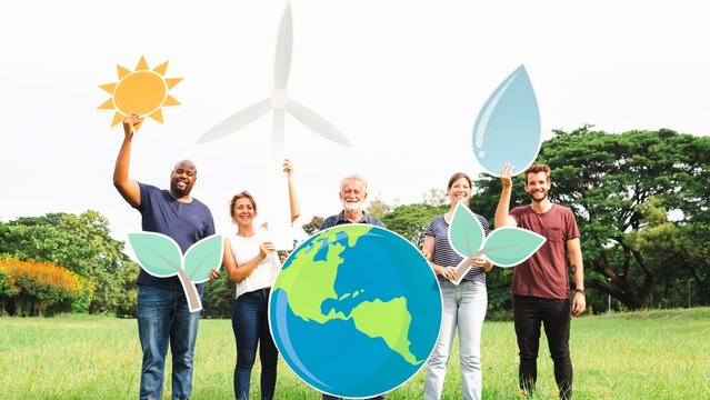 Diverse group holding eco-friendly symbols: wind turbine, water drop, globe, leaves. Outdoor setting, promoting sustainability and environmental awareness. Environmentalists in nature holding signs.