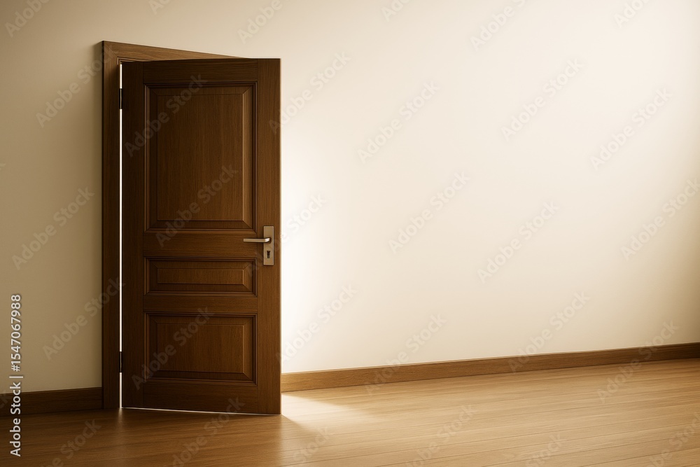 Poster wooden door ajar in a modern empty room with soft lighting and clean interior architecture concept o