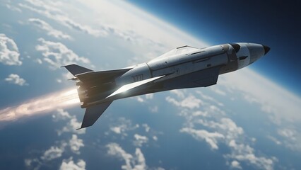Fighter jet in the sky out of earth . 3d illustration. Space.