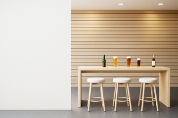 Fototapeta premium Modern wooden bar setup with stools and drinks in minimal indoor space with striped wall and soft lighting concept background.